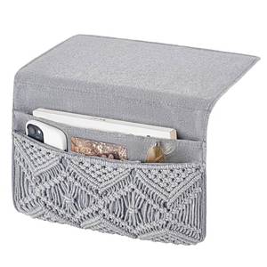 lot 42603 image: Mkono Macrame Bedside Caddy Storage Organizer Boho Remote Control Tablet Magazine Holder with 4 Pockets Non-slip Countertop Bedside Caddy for Home Bedroom Living Room College Dorm Bed, Grey - Retail $17