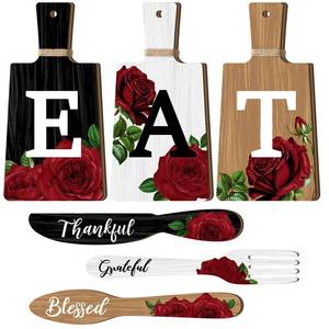 lot 42614 image: Wesiti 6 Pcs Cutting Board Kitchen Decor Red Rose Eat Sign Set Wooden Kitchen Knife Fork Spoon with Thankful Grateful Blessed Hanging Sign Rustic Farmhouse Wall Art for Spring Wedding Home Decoration - Retail $16