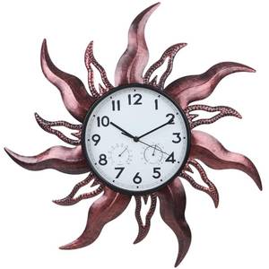 lot 1407 image: HOBYLUBY Large Outdoor Clock with Thermometer & Humidity - Silent Non-Ticking Sun Outdoor Wall Clock for Patio, Garden, Kitchen, Living Room(Brown)