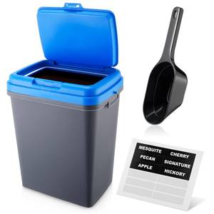 lot 1421 image: Kathfly Dry Pellets Storage Bin with Locking Lid, 16 lb Capacity Wood Pellets Container with Flavor Stickers Includes Scoop, Stackable Design, Sealed Storage for BBQ