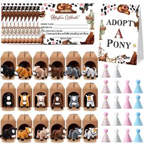 lot 1426 image: Cinnvoice 73 Pcs Adopt a Horse Party Supplies, 18 Stuffed Horse Centerpiece 18 Foldable Boxes 18 Cute Birthday Hats 18 Adoption Certificates Card 1 Adoption Sign for Adopt a Pony Party Decoration