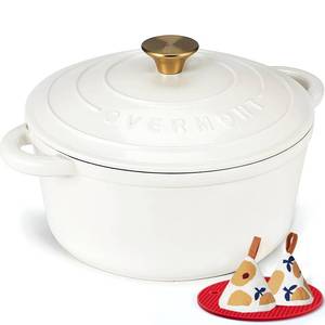lot 1427 image: Overmont Enameled Cast Iron Dutch Oven - 5.5QT Pot with Lid Cookbook & Cotton Potholders - Heavy-Duty Cookware for Braising, Stews, Roasting, Sourdough Baking Pearl White