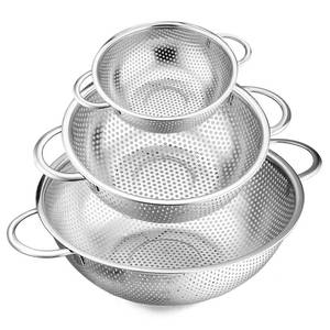 lot 1437 image: E-far Stainless Steel Colander Set of 3 (1-3-5Quart), Micro-Perforated Metal Colander Strainer with Handle for KitchenDraining PastaRinsing Vegetables Fruits, Heavy Duty & Dishwasher Safe