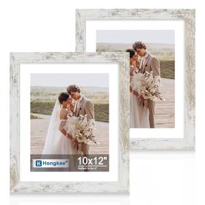 lot 1454 image: Hongkee 10x12 Picture Frame Set of 2, Made of Real Glass and Distressed White Wooden Frame - Display Pictures 8x10 with Mat or 10x12 Without Mat, 10 by 12 Photo for Wall or Tabletop