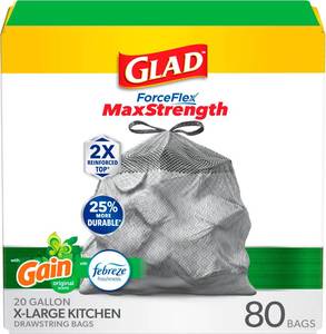 lot 1461 image: Glad ForceFlex MaxStrength Drawstring XL Kitchen Trash Bags, 20 Gal, Gain, 80 Ct (Package May Vary)