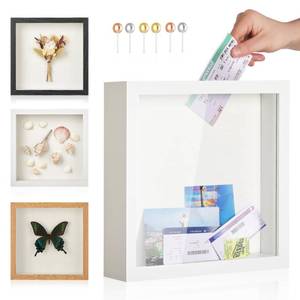 lot 1462 image: MUXIUNT Travel Adventure Challenge Archive Shadow Box Picture Frame with Slot,12x12 Travel Ticket Card Memory Box for Keepsake Box, Top Loading Shadow Box Display Case Travel Decor Gift (White,12x12)