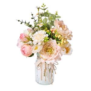 lot 1470 image: LUEUR Artificial Hydrangea in Vase for Mothers Gifts, Fake Silk Pink Flower Bouquet Artificial Flowers with Pot, Faux Dahlia Arrangement for Spring Living Room, Centerpiece Table Decorations