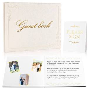 lot 2004 image: Rolarhola 8x10 Leather Guest Book and Standup Sign Set, Gold Foiled Cover Registry Book for Wedding Reception, Retirement Party, Vacation Homes and Events, 120 Pages (White)