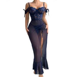 lot 2036 image: AEKAN Women Lingerie Underwire Sheer Mesh Maxi Lingerie Dress Sexy Nightgowns Lace Babydoll Sleepwear (Blue, Large)