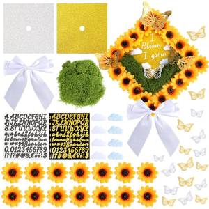 lot 2040 image: 68 Pcs Sunflower Theme DIY Graduation Cap Decorations Sunflowers Artificial Flower Heads White Bows 3D Butterfly Stickers Artificial Moss for DIY Hat Grad Cap Topper Graduation Party Supplies