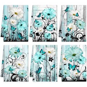 lot 2410 image: Breling Set of 4 Teal Daisy Kitchen Towel Vintage Themed Dish Towel Turquoise Bathroom Decorative Rustic Tea Cloths for Kitchen Bathroom Home Cooking Housewarming Gifts, 14 x 21 Inch