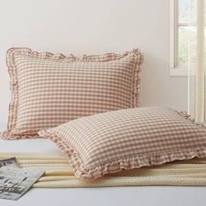 lot 2417 image: KKJIAF 2 Pcs Plaid Ruffle Pillow Case Standard Size, Cotton Gingham Ruffled Euro Sham Pillow Covers 20x26 Inch, Linen Feel Plaid Bed Pillow Shams with Envelope Closure for Sofa Bed (Light Pink Plaid)