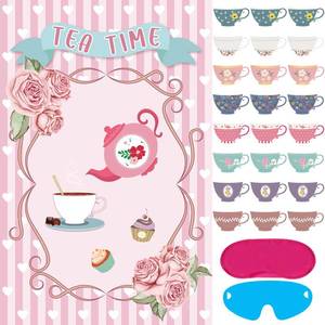 lot 2418 image: Hxezoc Tea Party Games Pin The Tea Cup With 24 Pcs Stickers, Large Games Poster for Girls Birthday Party