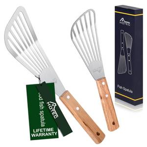 lot 2440 image: HOTEC 2pcs Stainless Steel Wooden Handle Fish Spatula, Metal Spatula Flipping Foods
