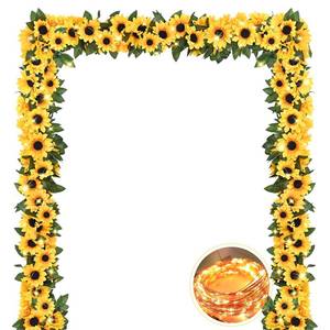 lot 2443 image: Artificial Sunflower Garland Decor with Lights, Sunflower Vines Hanging Flowers Garland with Green Leaves, Fake Yellow Flower Vines Room Wedding Party Decoration(2 Pack)