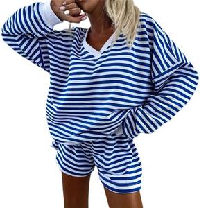 lot 2447 image: Melliflo Women 1 Piece Outfits Lounge Sets Striped Print Long Sleeve V Neck Sweatshirt and Shorts Set Sweatsuit shorts only