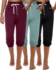 lot 2473 image: Ficerd 3 Pcs Womens Capri Sweatpants Joggers Summer Casual Sports Cropped Lounge Pants High Waisted Athletic with Pockets(Black, Burgundy Red, Gray Green,Small)