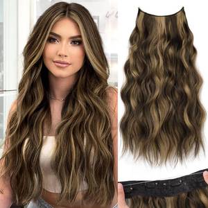 lot 2475 image: KooKaStyle Invisible Wire Hair Extensions with Transparent Headband Adjustable Size 4 Secure Clips Long Wavy Highlight Synthetic Hairpieces 20 Inch Balayage Chocolate Brown to Caramel Blonde for Women