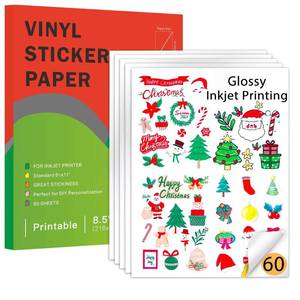 lot 2485 image: Printable Vinyl Sticker Paper for Inkjet Printer-60 Sheets Glossy White 8.5 x 11 Waterproof Labels Paper, Dries Quickly, Vivid Colors, Tear Resistant, DIY Christmas Stickers