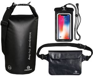 lot 2490 image: Freegrace Waterproof Dry Bag Set of 3 - Submersible Dry Sack with Double Zip Lock Seals - Includes Waist Pouch & Phone Case - Perfect for Kayaking, Swimming, Boating & Rafting (Black, 5L)