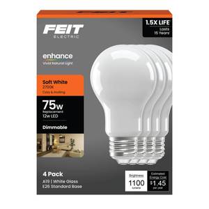 lot 4018 image: Feit Electric A19 LED Light Bulb, 75W Equivalent, 2700K Soft White, Dimmable, 1100 Lumens, 12W, E26 Base, 90 CRI, General Purpose LED Light Bulbs, 17,000-Hour Lifetime, A1975927CAFIL4GB, 4 Pack