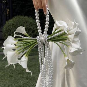 lot 4044 image: Yinder 14 Pcs Calla Lily Bridal Bouquet with Pearl Handle, Bridal Pearly Wedding Bouquet with Flowers with Pearl Bead for Wedding Marriage Party Church Bridesmaid