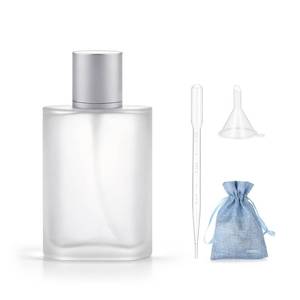 lot 4048 image: JJKMALL 100ml 3.4oz Refillable Frosted Glass Spray Bottle, Fine Mist Perfume Atomizer for Essential Oils, Travel, Makeup - Empty Container with Funnel Filler & Dropper