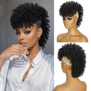 lot 4055 image: Mohawk Wig Kinky Curly Natural Black Ponytail with Bangs,Short Curly Synthetic Clip on Mohawk Ponytail Extension Hair Pieces for Women with Six Clips and Two Combs Fluffy Hair for Daily and Party Use