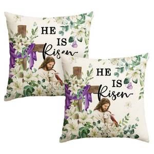 lot 4064 image: AVOIN colorlife Easter He is Risen Cross Lily Jesus Lamb Throw Pillow Covers, 18 x 18 Inch Eucalyptus Leaves Butterfly Cushion Case Decoration for Sofa Couch Set of 2