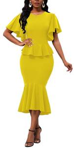 lot 4388 image: Yajedo Womens Midi Dress Sexy Short Sleeve Spring Fishtail Ruffle Hem Wedding Guest Peplum Cocktail Work Dresses(Yellow X-Large)