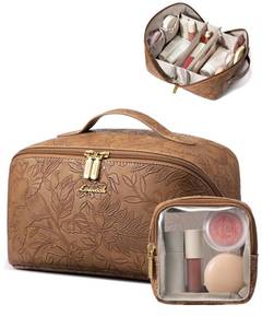 lot 4389 image: LOVEVOOK Travel Makeup Bag for Women, 2Pcs Large Capacity Cosmetic Organizer Bag, Waterproof PU Leather, Flat Open Portable Small Toiletry Pouch for Skincare, Brushes & Travel Essentials