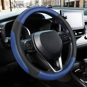 lot 4414 image: SEG Direct Car Steering Wheel Cover for Prius Civic Model 3 Model Y Camaro, Small Size 14-14.25 inch, Black and Blue Microfiber Leather