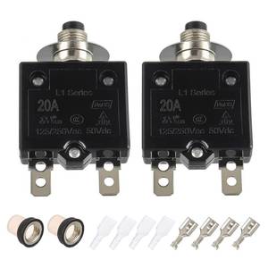 lot 4452 image: EPLZON 20A Manual Reset Push Button Circuit Breaker 125250V AC 50V DC Thermal Overload Protector with Quick Connect Terminals and Waterproof Button Caps Assortment Kit(Pack of 2 pcs)