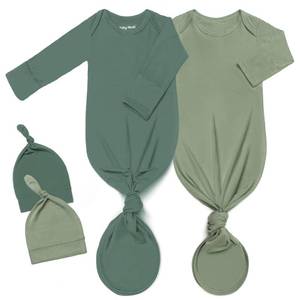 lot 4489 image: 2Pk Newborn Baby Knotted Gown, Super Soft Silky Infant Long Sleeve Sleeper for Baby Sleeping with Hat Deep Green & Green(2 Packs, Size Newborn)
