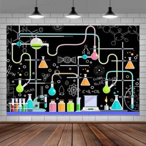 lot 4491 image: Chemical Science Fun Birthday Backdrop, Black Mad Scientist Chemical Experiments Party Decoration Background for Girl Boy, Colorful Beakers Measuring Cups Photography Background for School Class 8x6ft