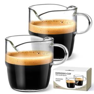 lot 4506 image: NETANY 6 OZ Espresso Cups Set of 2, Double Spouts Stackable Cups, Espresso Shots Glass Mugs with Handle, Machine Accessories for Coffee Bar, Cute Clear Glasses for Gift