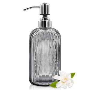 lot 6328 image: A18 Oz Glass Soap Dispenser with Stainless Steel Pump, Modern Ribbed Design Refillable Liquid Soap Bottle for Bathroom, Kitchen, Hand Soap, Dish Soap, or Lotion (Grey)