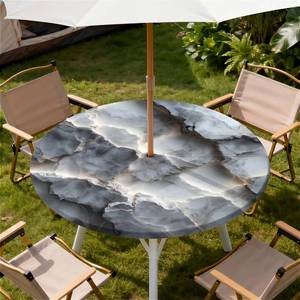 lot 6343 image: Round Outdoor Tablecloth with Umbrella Hole, Zippered Fitted Waterproof Tablecover with Elastic Edge Fits 49-52 Round Tables for Patio Picnic Garden Camping Party, Grey Marble Pattern