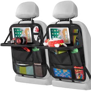 lot 6363 image: LUCMO Car Backseat Organizer with Touch Screen Tablet Holder,9 Storage Pockets Storage Organizer,Protectors Kick Mats Travel Accessories (Black, 2 Pack with Food Tray)