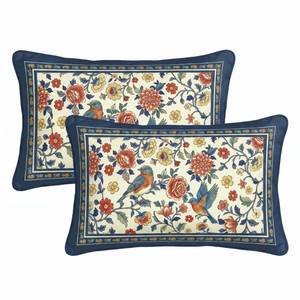 lot 6379 image: AVOIN colorlife Flowers Birds Chinoiserie Piping Spring Throw Pillow Covers Set of 2, 12 x 20 Inch Velvet Floral Holiday Soft Jacquard Farmhouse Cushion Case Decoration for Bedroom Home Sofa Couch