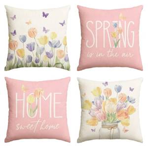 lot 6385 image: AVOIN colorlife Spring is in The Air Tulip Vase Throw Pillow Covers, 18 x 18 Inch Home Sweet Home Butterfly Pink Cushion Case Decoration for Sofa Couch Set of 4