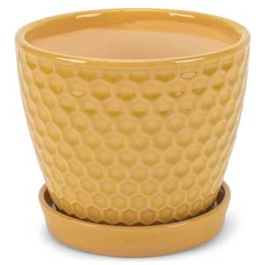 lot 11793 image: Napco Honeycomb Embossed Bright Yellow 6 Inch Ceramic Flower Pot Planter with Saucer