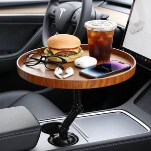 lot 11806 image: Car Food Cup Holder Tray - 360° Rotating Car Table and Car Seat Tray, Detachable Wooden Car Desk for Laptop and Food Tray, Compatible with Tesla Model Y3S, Ford F150Explorer (Brown, 11.8)