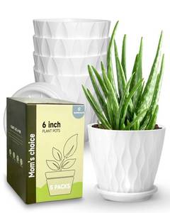 lot 11810 image: Goproauto 6 Inch Indoor Planter Pots with Drainage Hole and Tray Saucer,Flower Pots for Indoor Outdoor Garden Plants and Flowers, Multicolor, 5 Packs (White)
