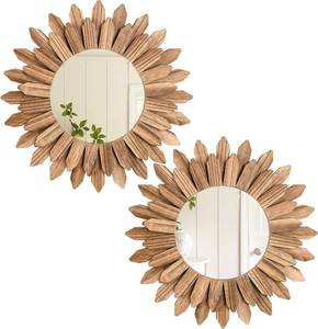 lot 11812 image: LOSOUR 2 Pack Boho Wall Decor Sunburst Mirror 12 inch Rustic Round Wood Mirror Boho Mirror Farmhouse wall Decor for Bedroom Living Room Entryway