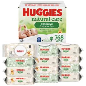 lot 11825 image: Huggies Natural Care Sensitive Baby Wipes, Unscented, Hypoallergenic, 99% Purified Water, 12 Flip-Top Packs (768 Wipes Total), Packaging May Vary