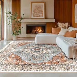 lot 11899 image: BESTSWEETIE 8x10 Area Rug Washable Rugs for Living Room, No Pile Boho Carpet for Entryway Bedroom Dinning Room, Vintage Carpet Print Distressed Non-Slip, 8 x 10 ft, Green Brick Rust Red