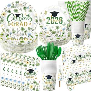lot 11900 image: Ceenna 452 Pcs 2026 Green Gold Graduation Party Decoration for 50, Sage Green Congrats Grad Paper Plates Napkins Cups Tablecloth Cutlery Straw Grad Floral Tableware Set for Class of 2026 Party Supply