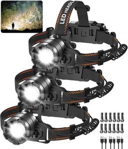 lot 11902 image: KYEKIO 3Pack Rechargeable Headlamps for Adults, 3000L Super Bright Head Lamps LED Rechargeable, 4Mode Head Lights for Forehead Hard Hat, Adjustable Focus 90°Headlight, Waterproof LED Headlamp Camping