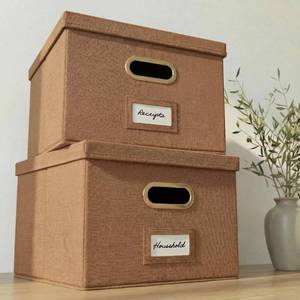 lot 11906 image: ZICOTO Decorative File Organizer Box Set of 2 - Collapsible Linen Filing Cabinets with Handles Are Perfect to Store All Your Documents & Hanging File Folders - Portable Easy Slide Crates with Lid